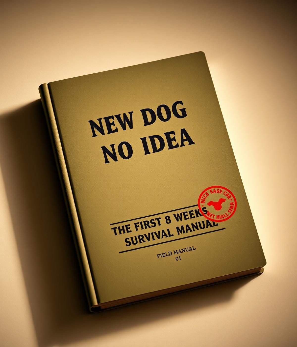 The New Dog, No Idea field manual — a matte olive dossier titled 'THE FIRST 8 WEEKS SURVIVAL MANUAL' with a red rubber classification stamp.